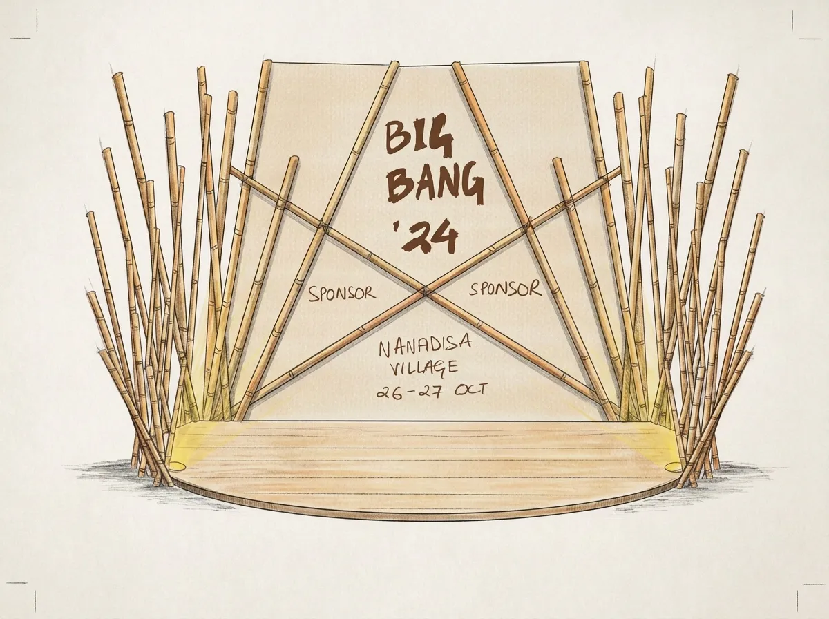 Design sketch of the bamboo secondary stage, fan-lit bamboo frame over a round deck